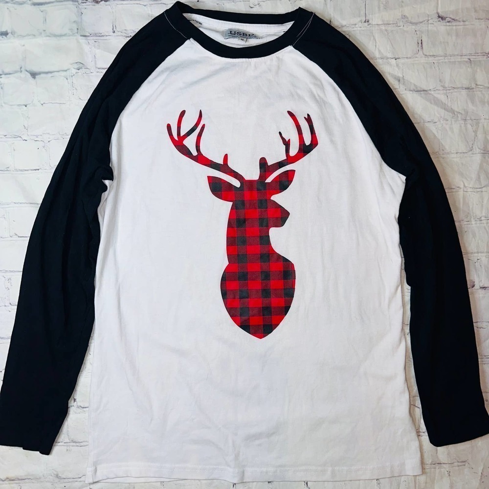 NWOT Women’s Medium USBD Plaid Deer Graphic 3/4 Sleeve Jersey Style TShirt